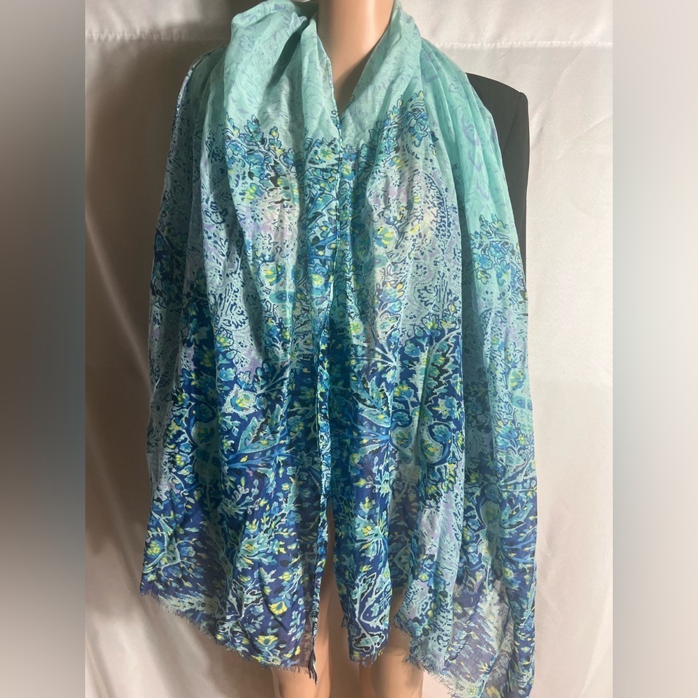 Merona Oblong Scarf Paisley Blue Green Multicolor Lightweight Sheer Polyester